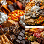 A Halloween S’more Charcuterie Board with marshmallows, chocolate, and festive fall snacks.